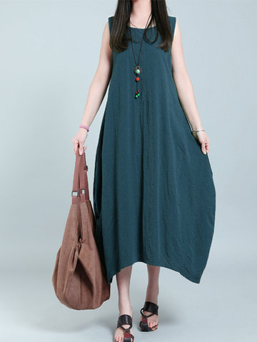 O-NEWE Cocoon Type Pure Color Sleeveless Dress-Newchic-