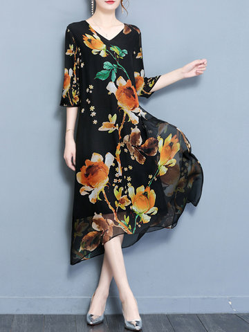 O-NEWE Elegant Printed V-Neck Chiffon Dress-Newchic-