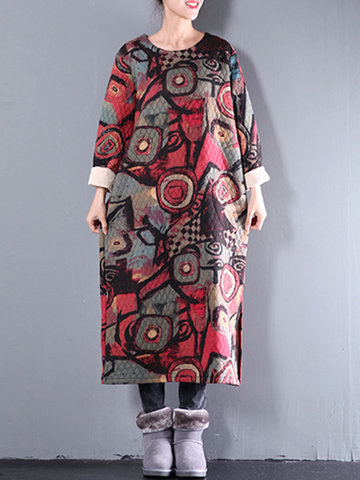 O-NEWE Print Thick Split Long Sleeve Dress-Newchic-