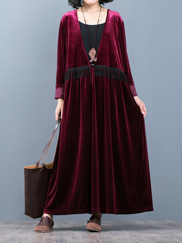 O-NEWE Tassels Stitching Velvet Robe Dress-Newchic-