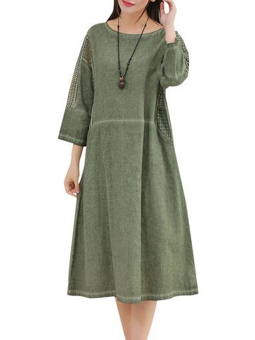 O-NEWE Vintage Grid Sleeves Pure Color Dress-Newchic-