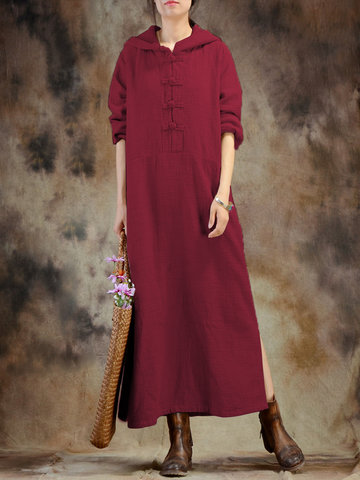 O-NEWE Vintage Hooded Side Split Maxi Dress-Newchic-