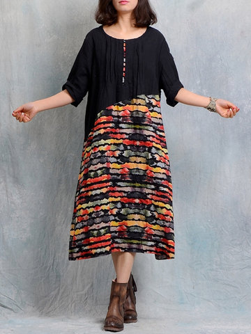 O-NEWE Vintage Stitching Printed Dress-Newchic-