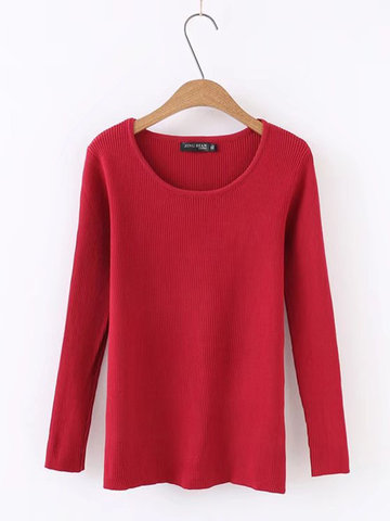 O-neck Solid Long Sleeve Sweater-Newchic-