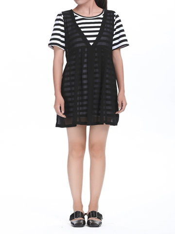 OL Stripe Knitted Pleated Chiffon Two-Layer Women Casual Mini Dress-Newchic-