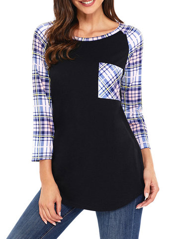 Plaid Patchwork Pocket Long Sleeve Tops-Newchic-