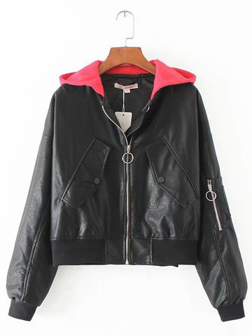 Plus Size Black Leather Jacket-Newchic-