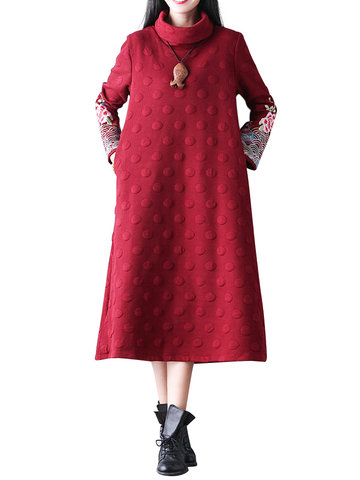 Plus Size Casual Vintage Turtleneck Embroidery A Line Cotton Maxi Dress for Women-Newchic-