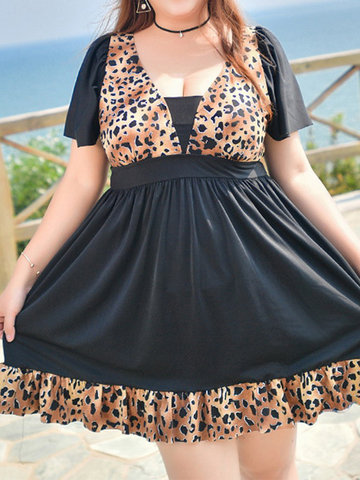 Plus Size Leopard Printed Wireless Short Sleeves Swimdresses For Women-Newchic-