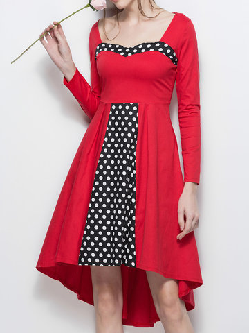 Polka Dot Patchwork Irregular Long Sleeve Women Dresses-Newchic-