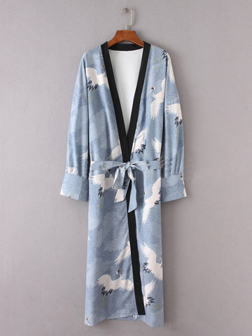 Print Split Drawstring 3/4 Sleeve Kimonos-Newchic-