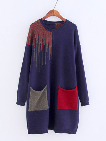 Printed Pocket Long Sleeve Sweaters-Newchic-