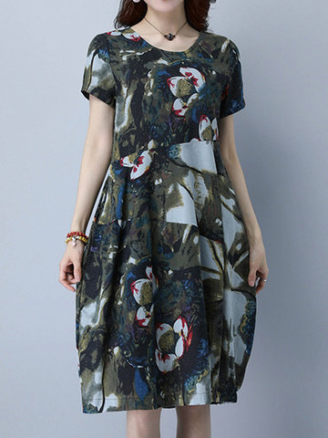 Printed Short Sleeve O Neck Pocket Style Women Dresses-Newchic-
