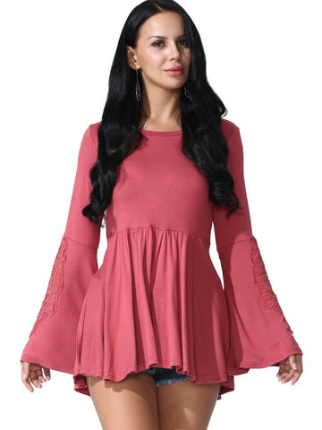Pure Color Flare Sleeves Shirt-Newchic-