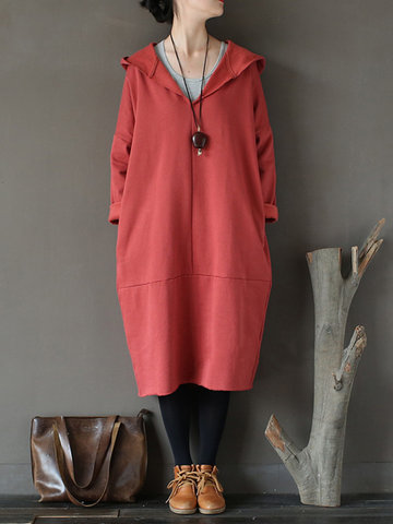 Pure Color Thicken Hooded Women Dresses-Newchic-