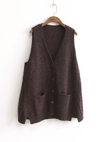 Pure Color V-neck Vest Sweaters-Newchic-