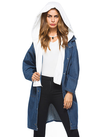 Removable Hat Denim Trench Coat-Newchic-