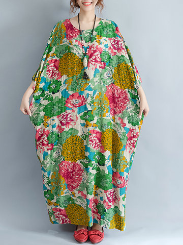 Retro Flower Printed Maxi Dress-Newchic-