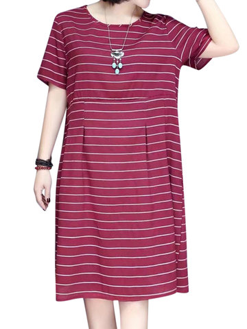 Retro Stripe Printed Short Sleeve O-Neck Dress For Women-Newchic-