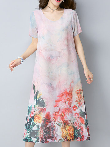 Retro Women Flower Printed Short Sleeve O-Neck Dress-Newchic-