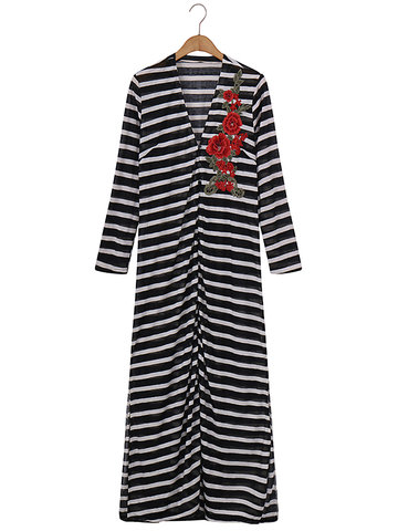 Rose Embroidered Stripe Coats-Newchic-