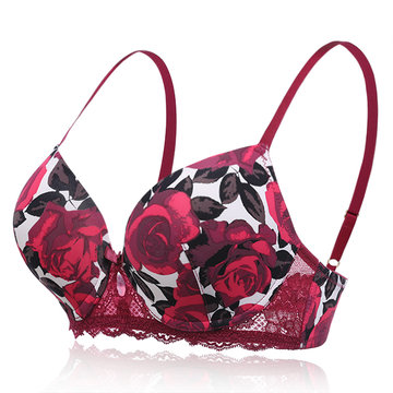 Rose Print Gather Lace Bowknot Bras-Newchic-