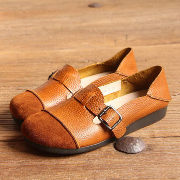 SOCOFY Buckle Multi-Way Color Blocking Soft Leather Flat Loafers-Newchic-Brown