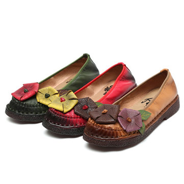 SOCOFY Flower Leaf Soft Leather Stitching Handmade Flat Vintage Loafers-Newchic-Multicolor