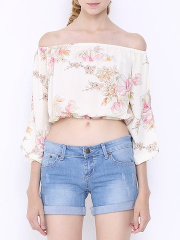 Sexy Chiffon Off-shoulder Floral Print Long Sleeve Blouse For Women-Newchic-