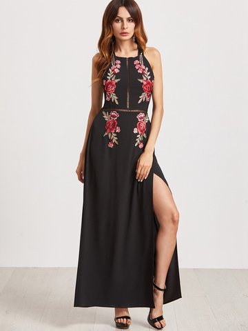 Sexy Floral Embroidered Backless Slit Hem Halter Women Maxi Dress-Newchic-