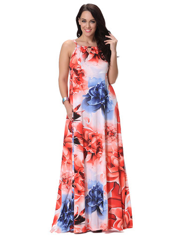 Sexy Flower Printed Strap Sleeveless Bohemian Beach Maxi Dress-Newchic-