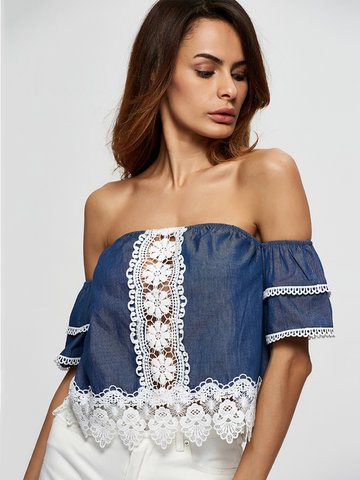 Sexy Lace Patchwork Off-shoulder Hollow Women Blouses-Newchic-