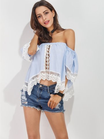 Sexy Off-shoulder Lace Patchwork Hollow Half Sleeve Women Blouses-Newchic-