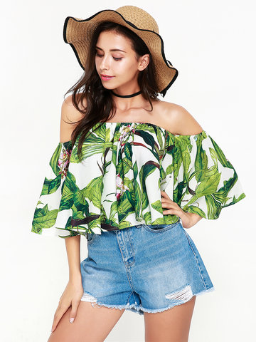 Sexy Off-shoulder Leaves Print 3/4 Sleeve Women Blouses-Newchic-
