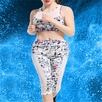 Sexy Printing Patchwork Mesh Leggings Cropped Trousers Yoga Sport Suit For Women-Newchic-