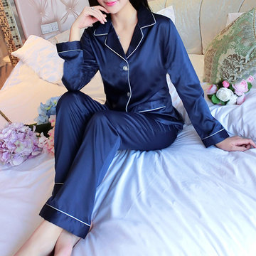Sexy Silk-like Turn-down Collar Pure Color Long Sleeve Sleepwear Sets Loungewear-Newchic-
