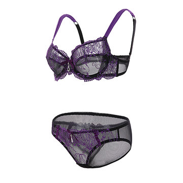 Sexy Ultra Thin Lace-trim Mesh Embroidery Transparent Bow Bras Set-Newchic-
