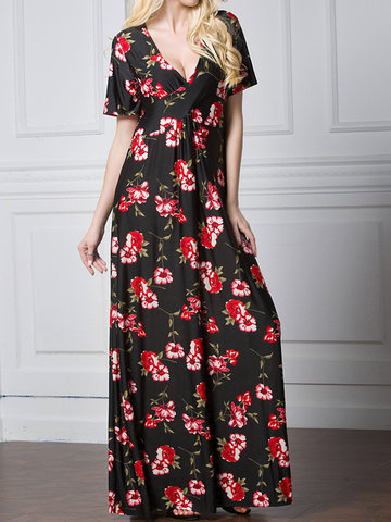Sexy Women Floral Print Deep V Short Sleeve Maxi Dress-Newchic-
