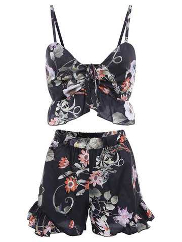 Sexy Women Floral Printed V-Neck Crop Top Shorts Suits-Newchic-