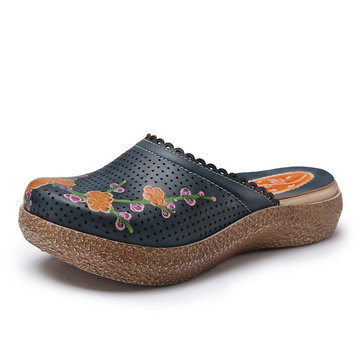 Socofy Original Breathable Flower Print Hollow Out Slippers Slip On Retro Sandals-Newchic-Blue