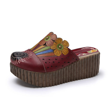 Socofy Original Handmade Slippers Slip On Floral Platform Retro Sandals-Newchic-Red