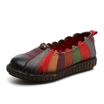 Socofy Rainbow Weave Leather Soft Flat Vintage Loafers-Newchic-Multicolor