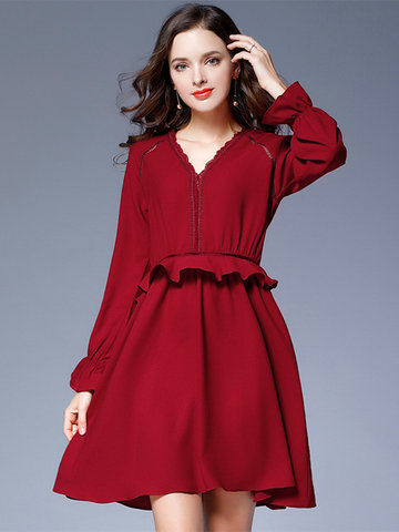 Solid Hollow Out Lantern Sleeve Dress-Newchic-