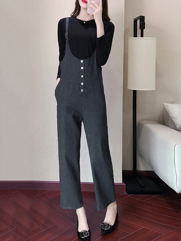 Solid Two-Piece Suspender Pockets Rompers Jumpsuit-Newchic-