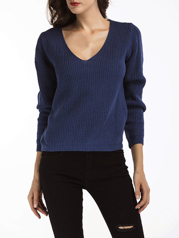 Solid V-Neck Pullover Casual Knit Sweaters-Newchic-