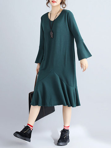 Solid V-Neck Ruffle Long Sleeve Casual Dress-Newchic-