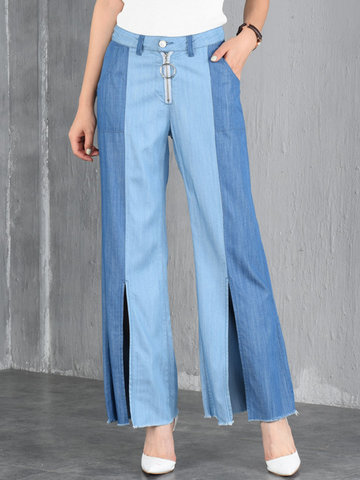 Stitching Color Slit Wide Legs Jeans-Newchic-
