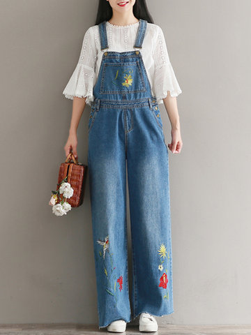 Strap Pocket Embroidery Denim Jumpsuits-Newchic-