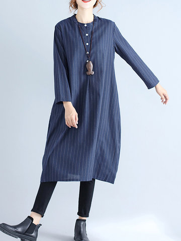 Stripe Button Pockets Women Dresses-Newchic-