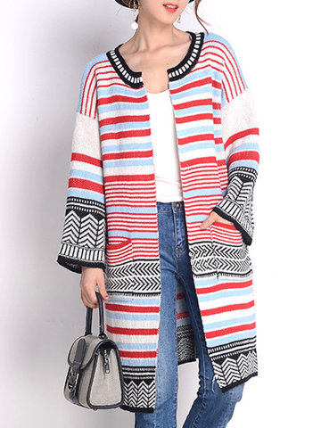 Stripe Print Multi-color Patchwork Women Cardigans-Newchic-
